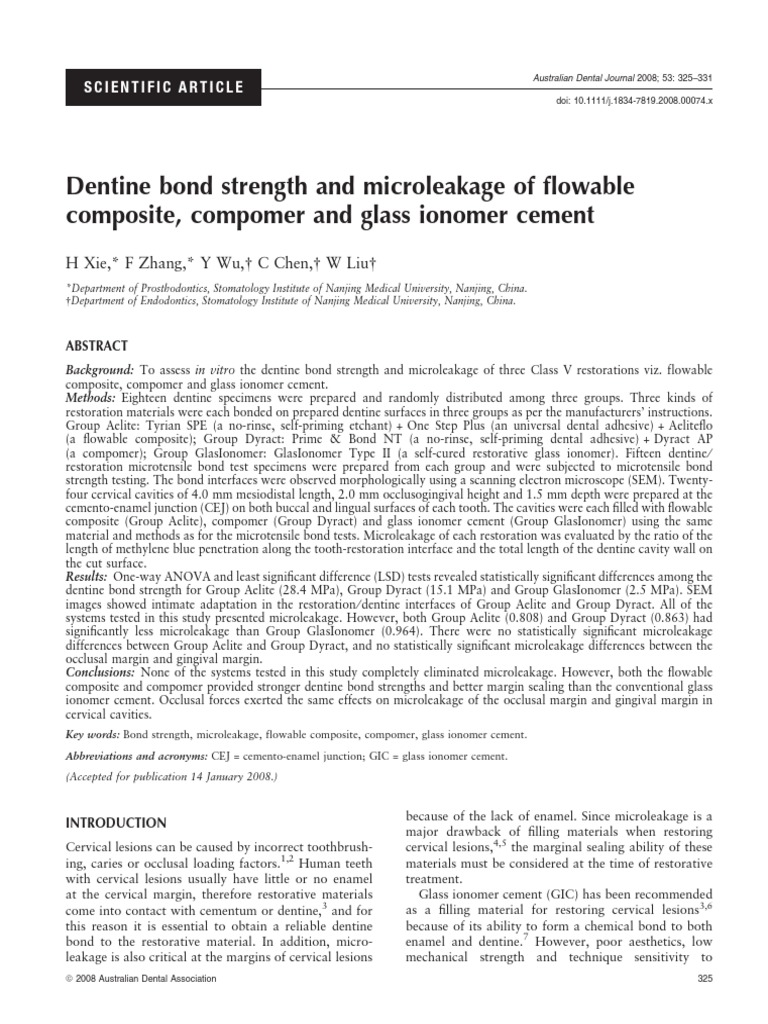 Dentine Bond Strength and Microleakage of Flowable Composite, Compomer