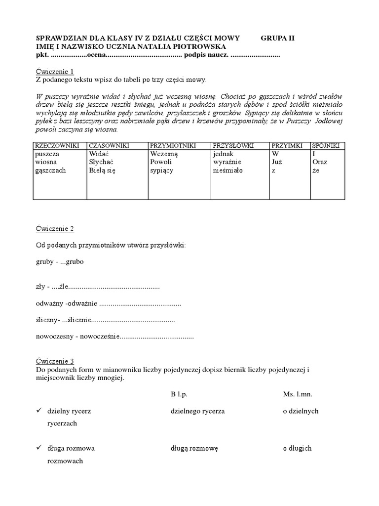 Test Z Części Mowy Klasa 6