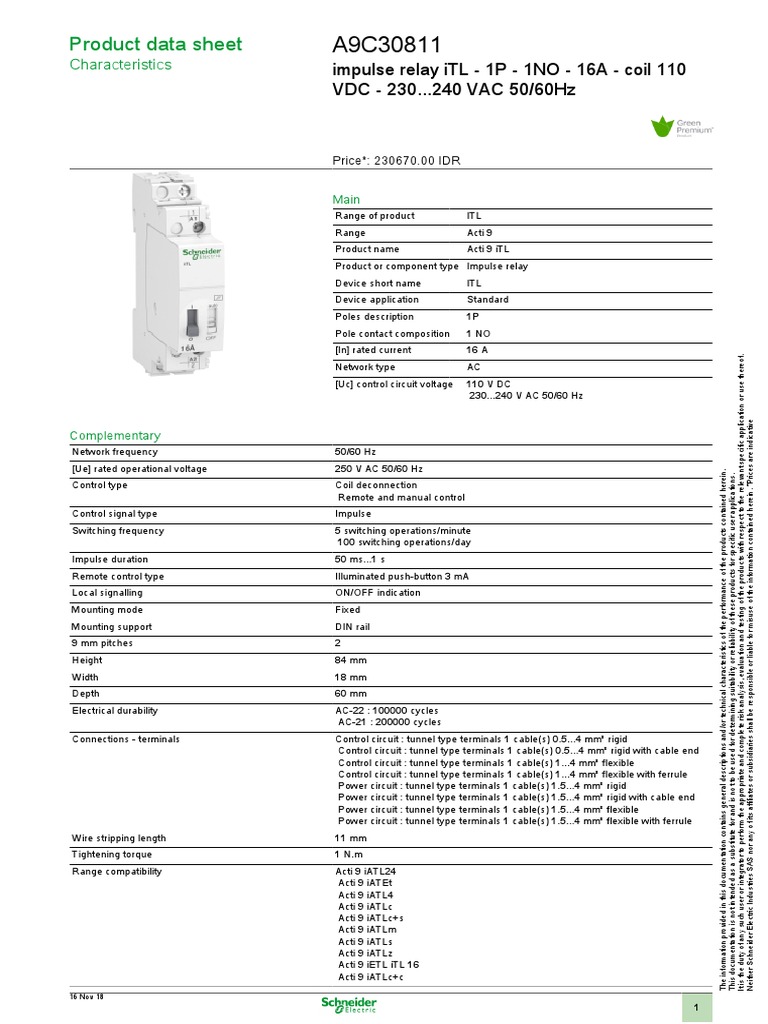 Product Data Sheet: Impulse Relay iTL - 1P - 1NO - 16A - Coil 110 VDC ...