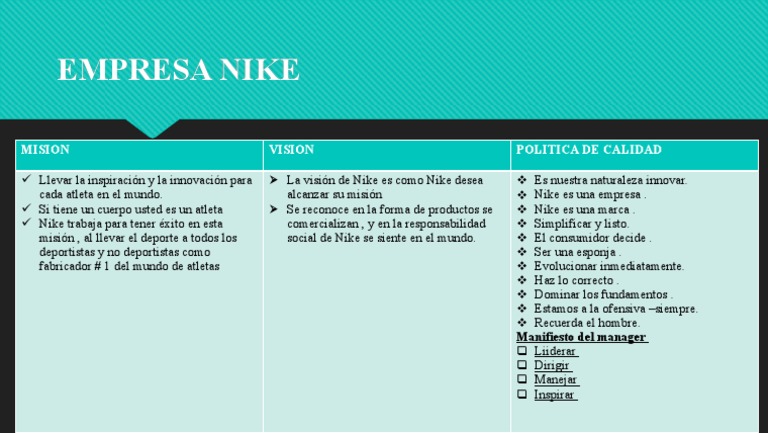 Rango Asalto Todo tipo de EMPRESA NIKE - Mision, Vision y Politica de Calidad | PDF