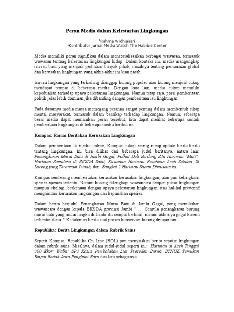 Peran Media Cetak Dalam Kelestarian Lingkungan Peran Media Cetak Dalam Kelestarian Lingkungan