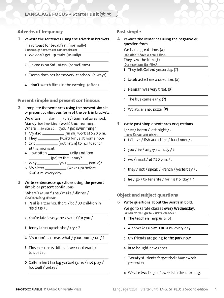 LANGUAGE FOCUS - Starter Unit: Past Simple Adverbs of Frequency | PDF ...
