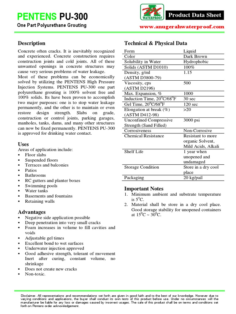 Pu 300 Pu Grouting Concrete Corrosion