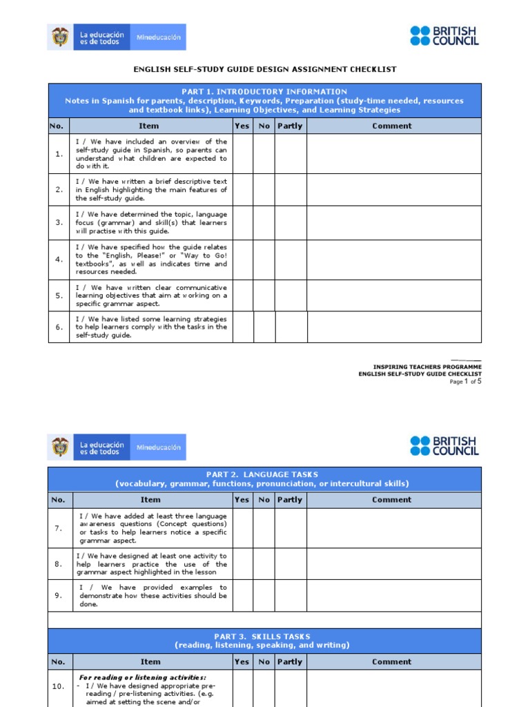 English Self-Study Guide Design Assignment Checklist | PDF | English ...