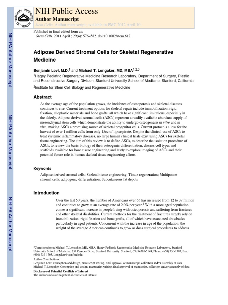 Adipose Derived Stromal Cells For Skeletal Regenerative Medicine 2012 ...