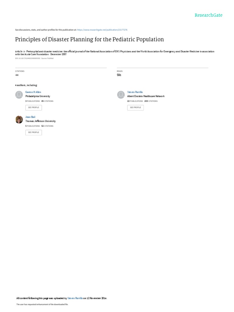 Principles Of Disaster Planning For The Pediatric Population