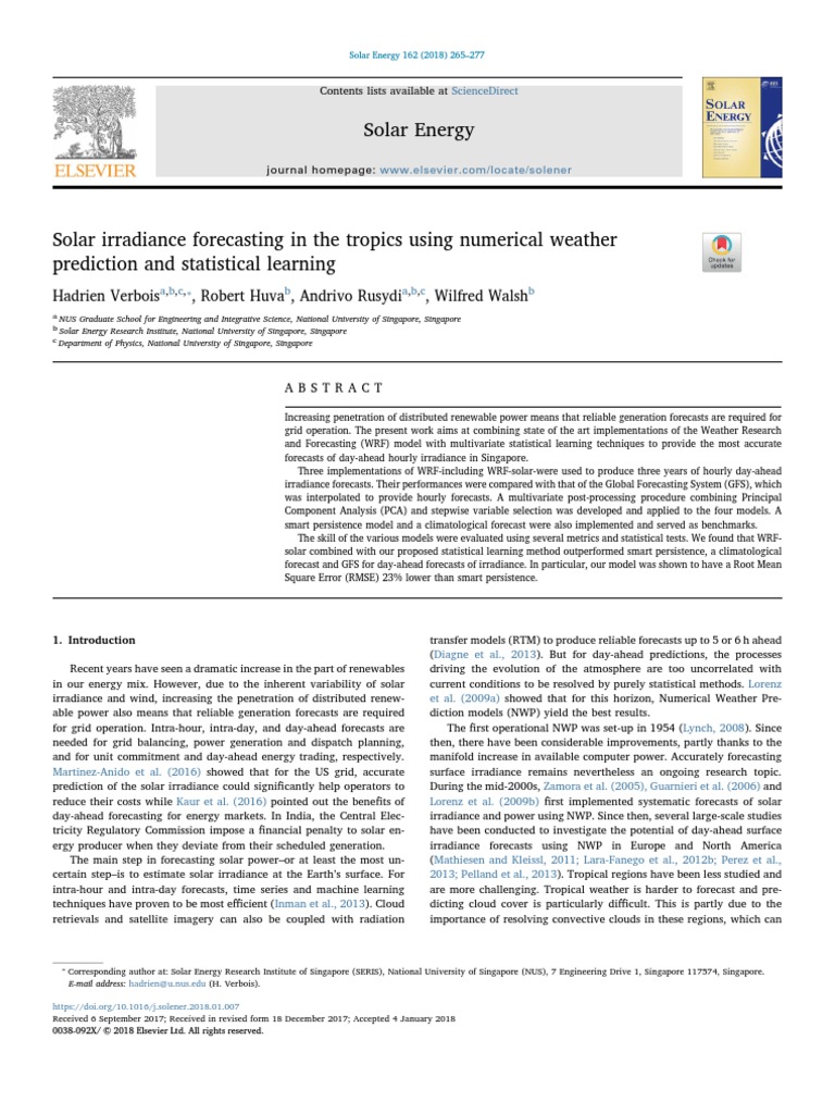 Solar Irradiance Forecasting in The Tropics Using Numerical Weather ...