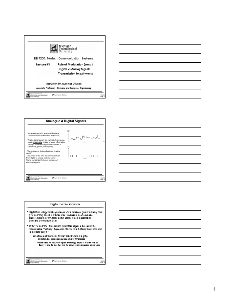 Lecture 3 Role of Modulation (Cont.) Digital Vs Analog Signals