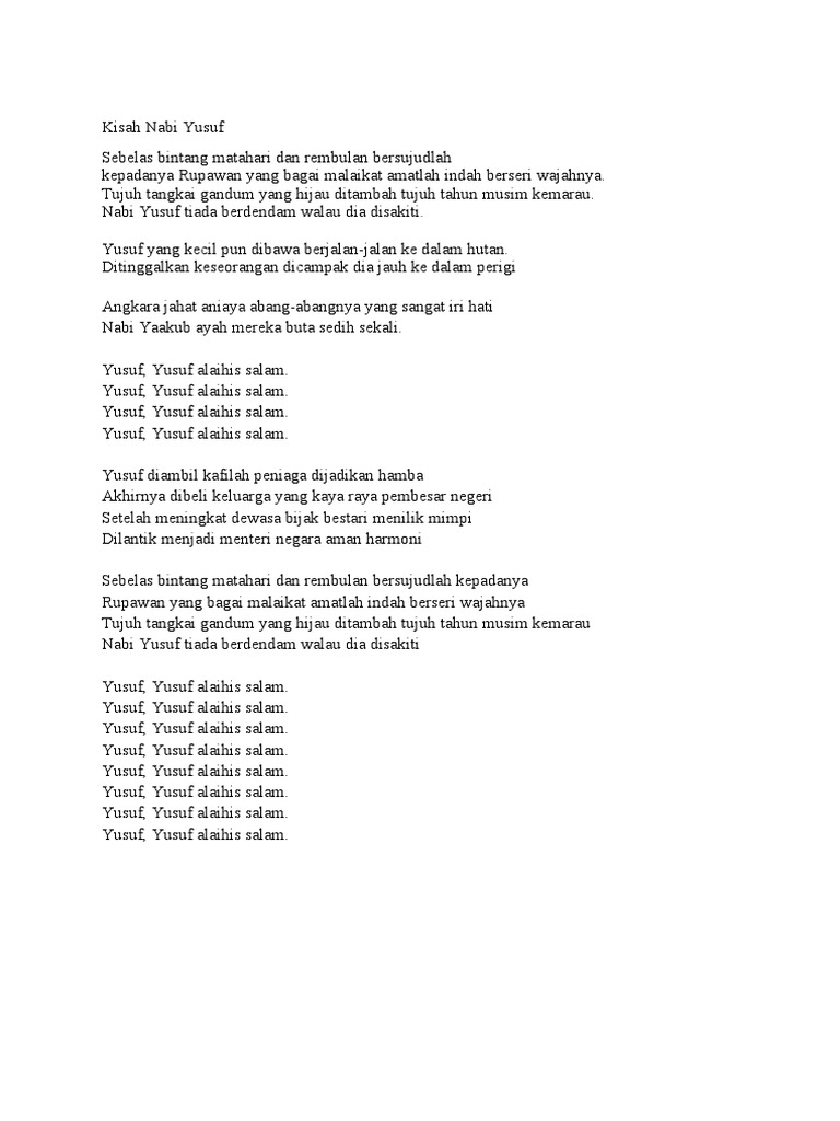 Lirik Lagu Nabi Yusuf Sebelas Bintang Matahari