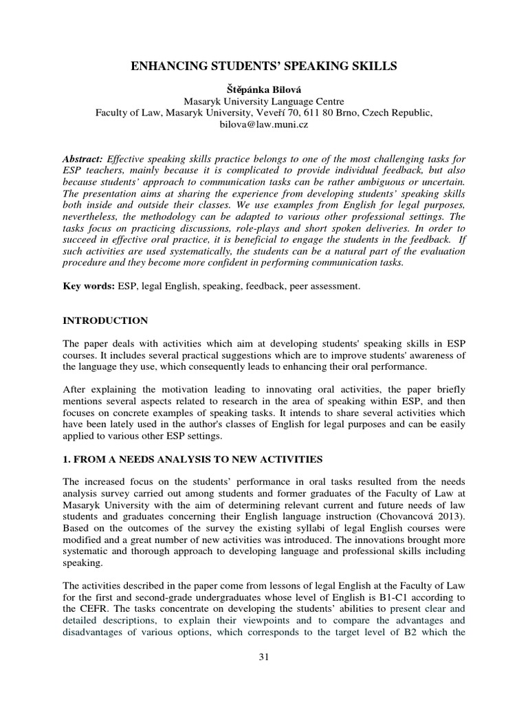 Enhancing Speaking Skills in ESP Courses | PDF | English As A Second Or ...