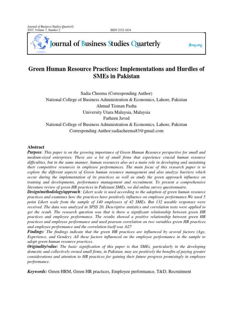 Green HR Practices in Pakistani SMEs | PDF | Human Resource Management ...