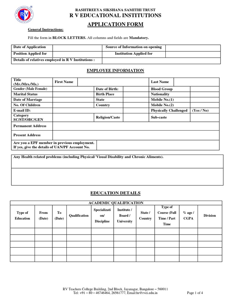 RV Educational Institutions Application Form | PDF | Disability | Learning
