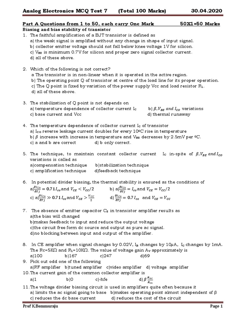 Analog Electronics MCQ Test 7 28th April 2020 PDF PDF Amplifier