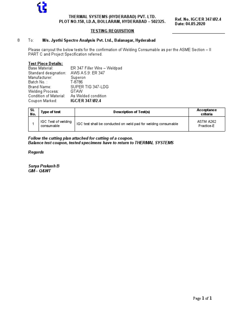 Welding Consumable Testing Request | PDF
