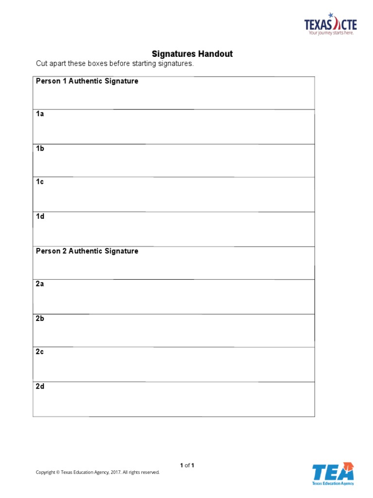 Signatures Handout: Person 1 Authentic Signature | PDF