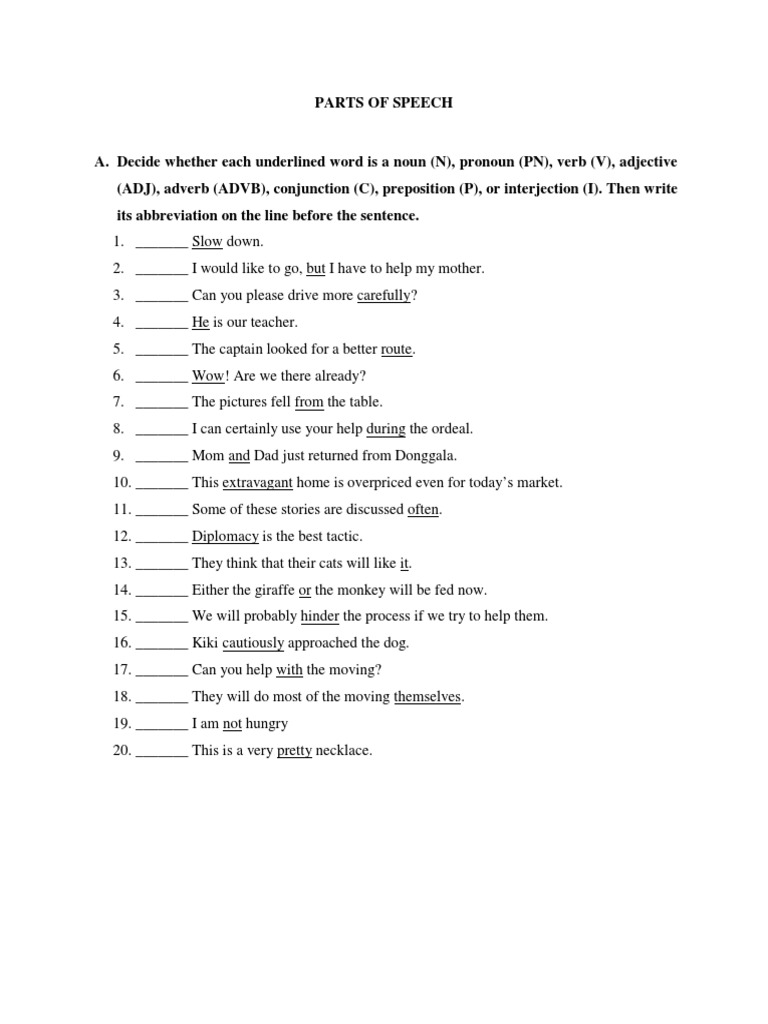 Exercise Part of Speech PDF Part Of Speech Linguistic Typology