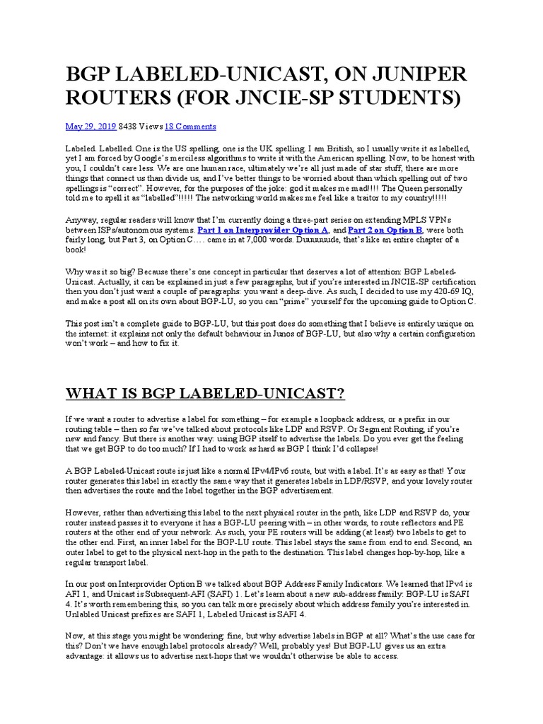 BGP LabeledUnicast, On Juniper Routers PDF I Pv6 Multiprotocol