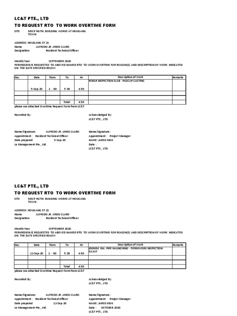 Overtime Request for RTO at LC&T | PDF | Structural Engineering ...
