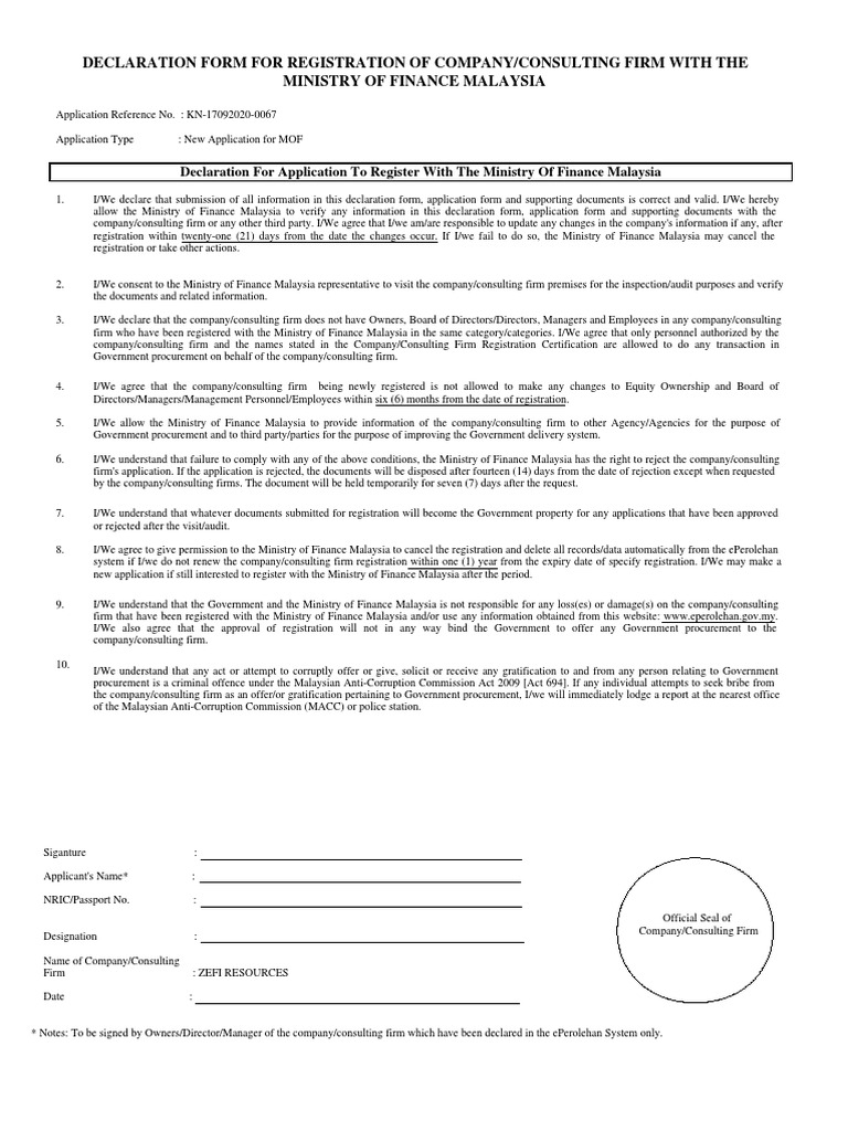 Declaration Form For Registration of Company/Consulting Firm With The ...