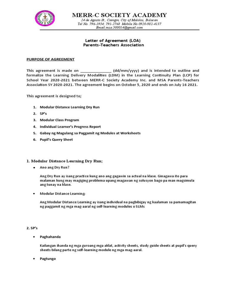 DepEd PTA Letter of Agreement Template | PDF