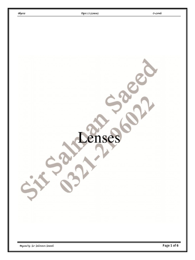 Lenses Physics Topic 15 (Lenses) OLevels PDF Atomic Optics