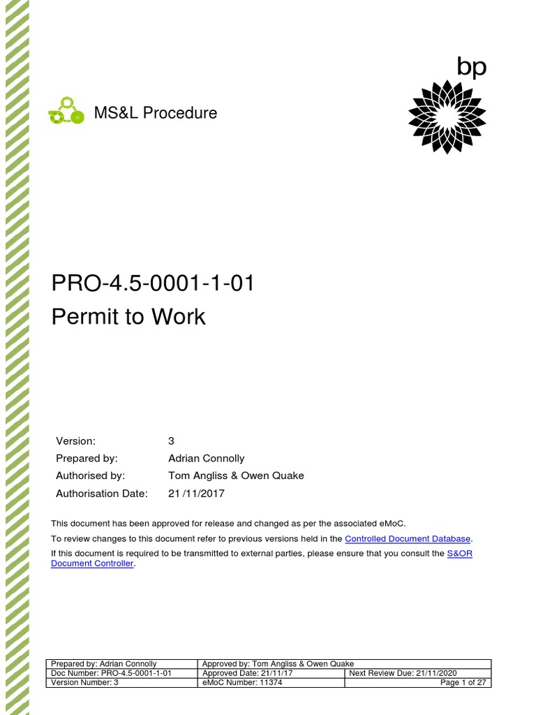 Permit to Work Procedure Overview | PDF | Hazards | Occupational Safety ...