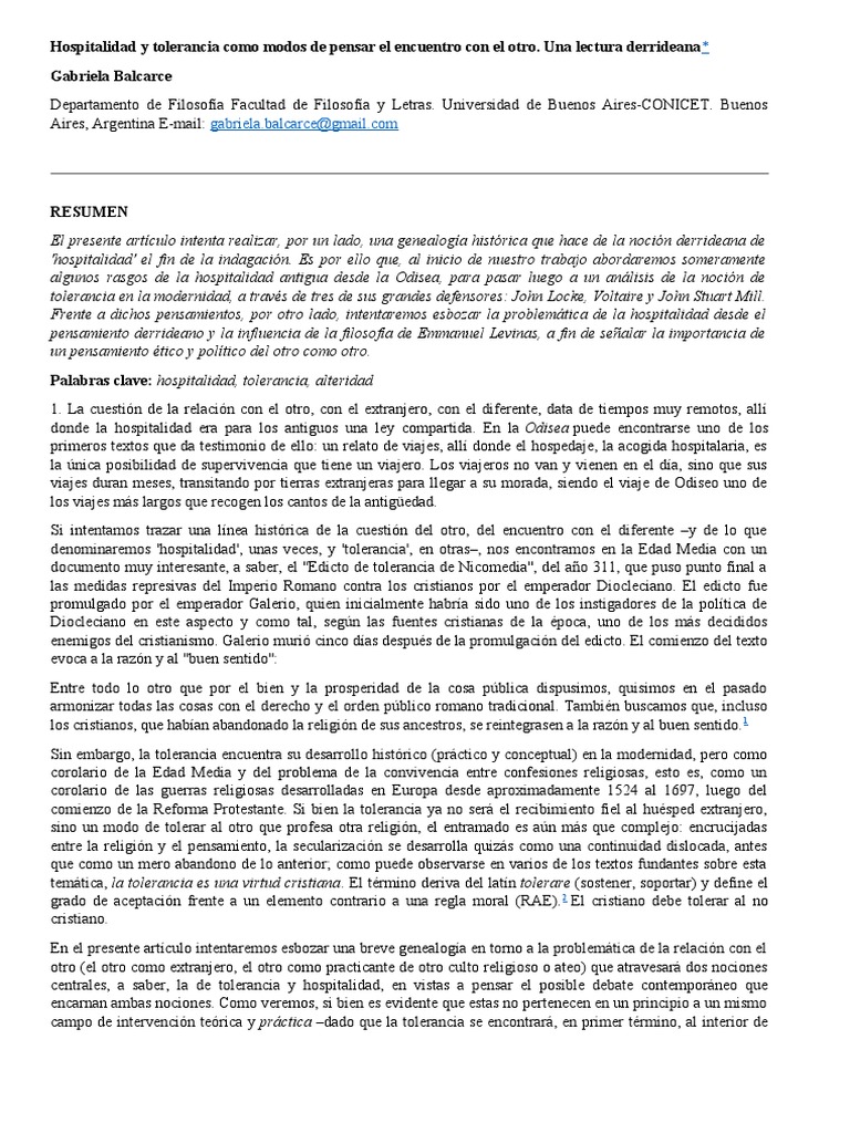 Hospitalidad y Tolerancia Como Modos de Pensar El Encuentro Con El Otro ...
