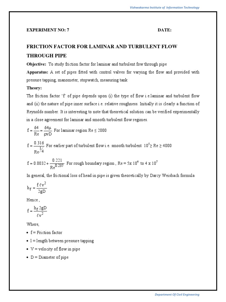 Experimental Determination of Friction Factor for Laminar and Turbulent