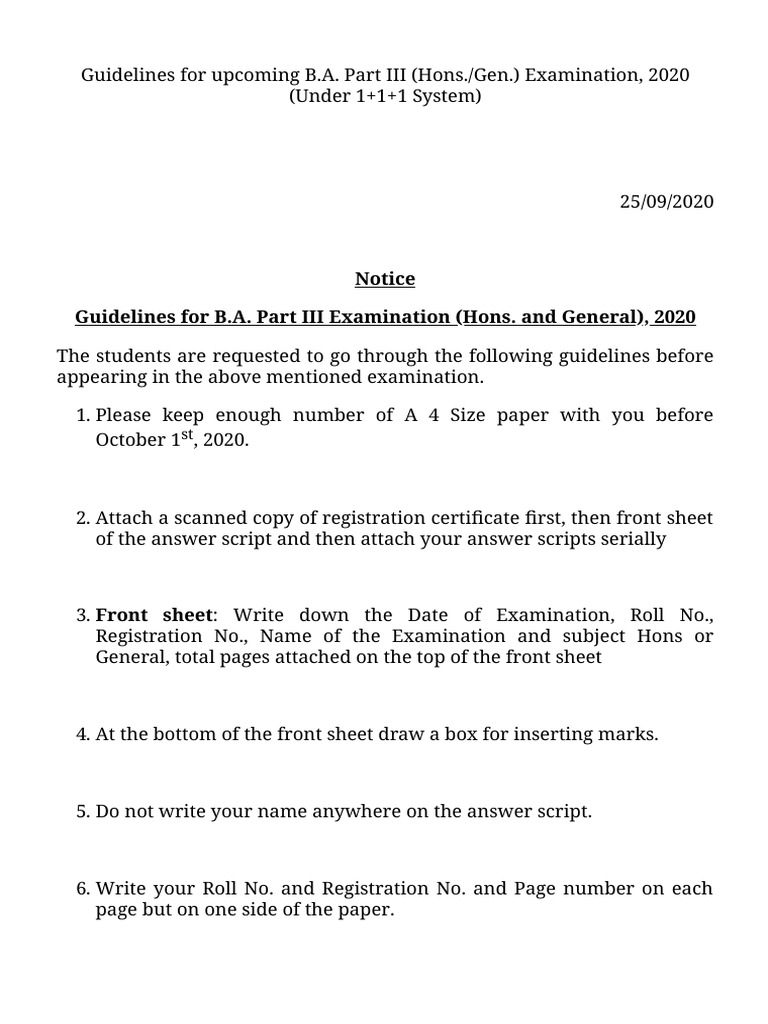 Notice Guidelines For B.A. Part III Examination (Hons. and General