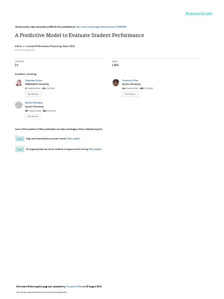 A Predictive Model To Evaluate Student Performance | PDF | Cluster ...