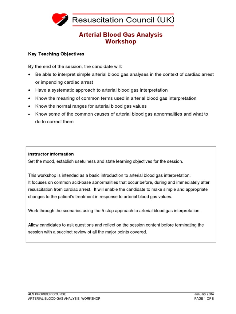 Arterial Blood Gas Analysis Workshop: Key Teaching Objectives | PDF ...