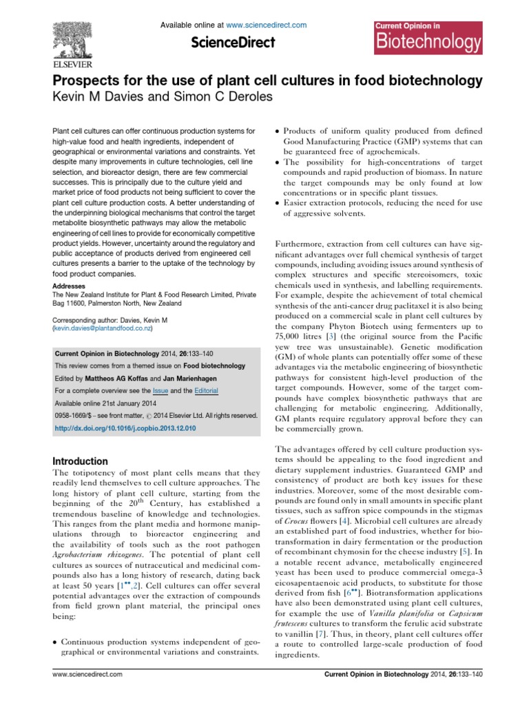 Prospects For The Use of Plant Cell Cultures in Food Biotechnology PDF Engineering