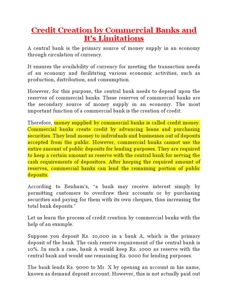 Credit Creation by Commercial Banks and It's Limitations Download