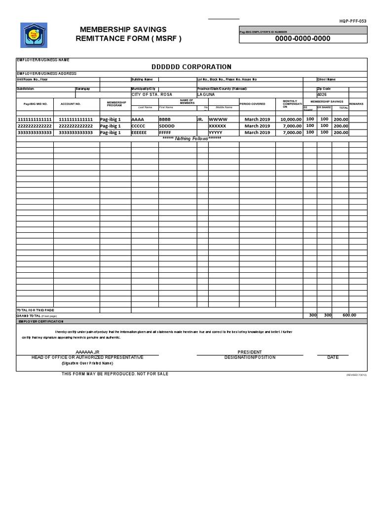 Pag-IBIG Membership Savings Remittance Form | PDF | Business