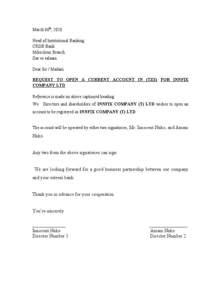 Current Account Request for INNFIX | PDF | Business | Law