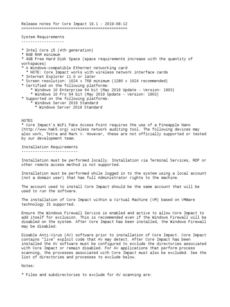 ReleaseNotes Core Impact 19.1 | PDF | Windows 10 | World Wide Web