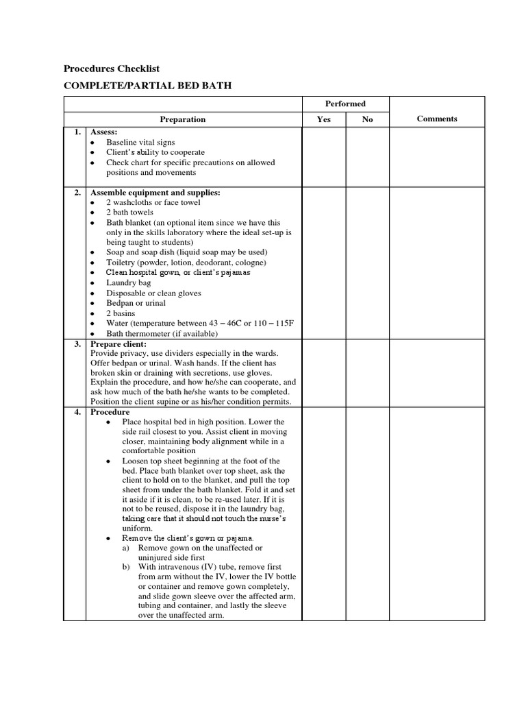 Bed Bath Procedure Checklist | PDF | Clothing | Nature