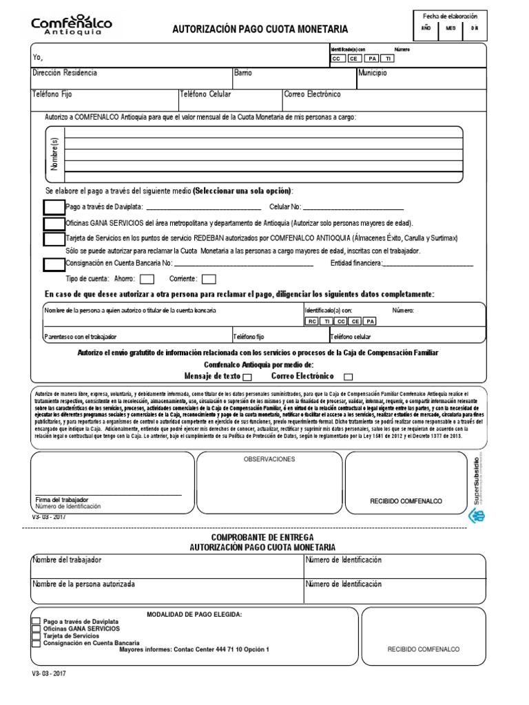 8 Formulario Autorizacion Pago Cuota Monetaria Pdf Teléfonos