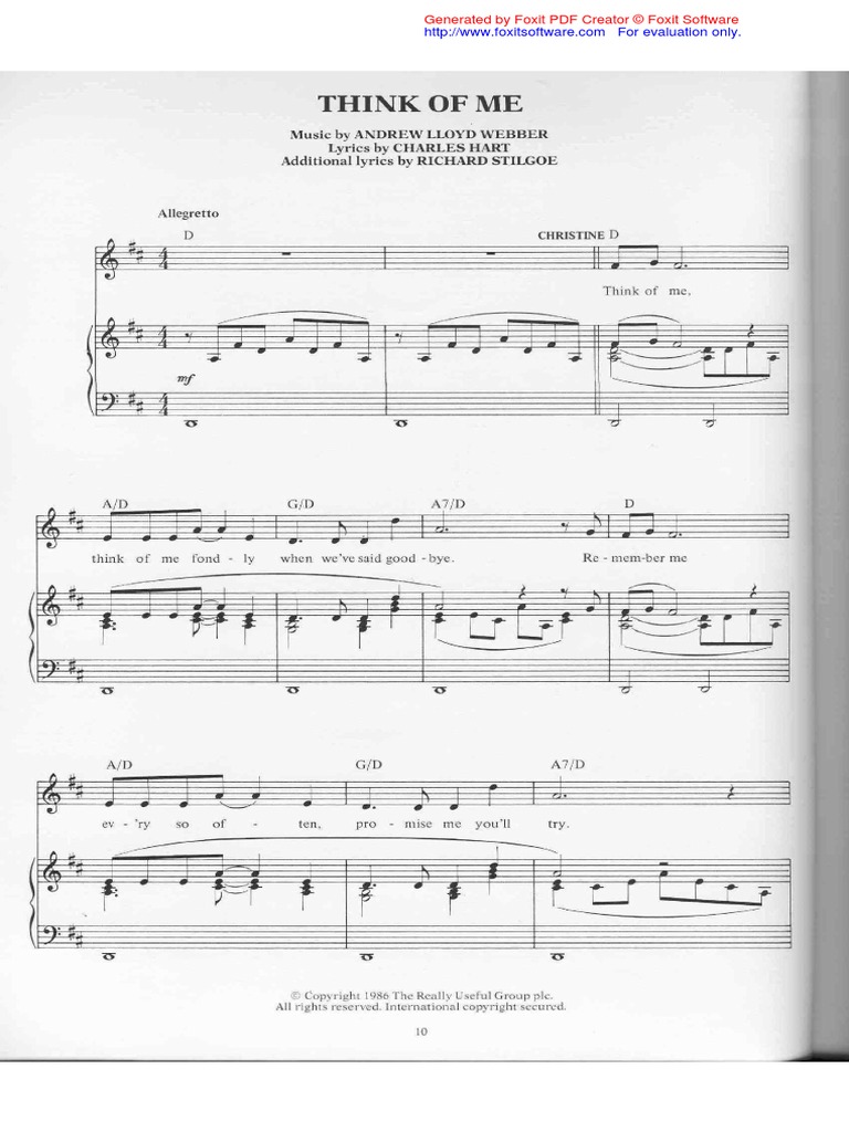 Think of Me - Spartito Piano - Phantom of The Opera | PDF