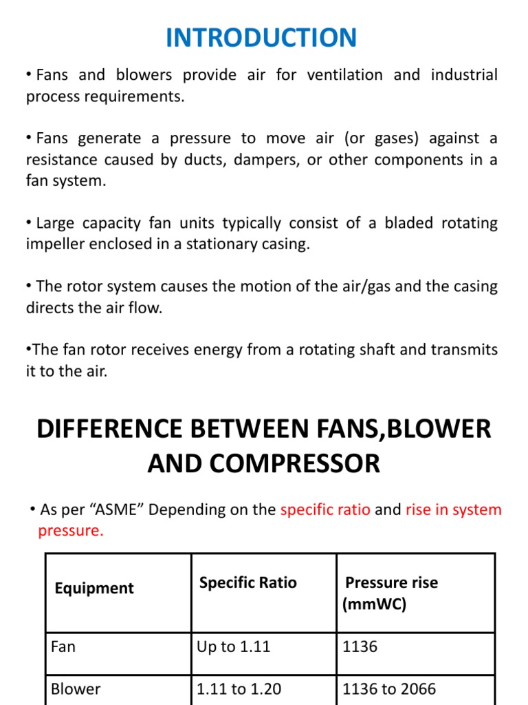 Differences between fans, blower and Download Table