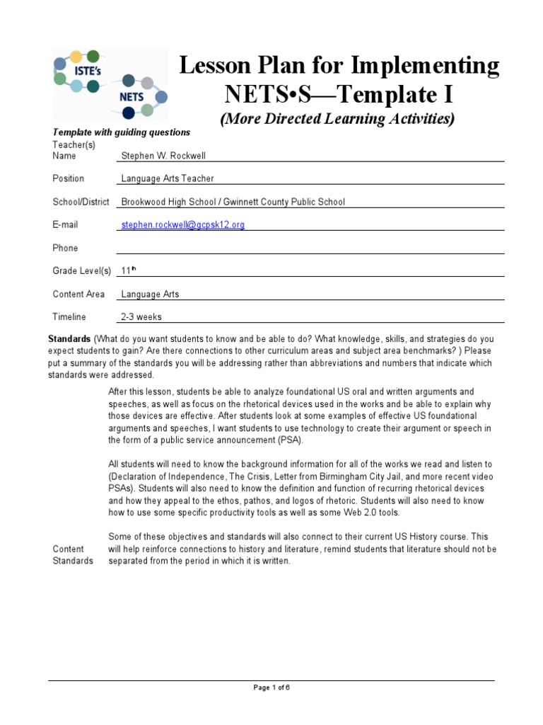 Lesson Plan For Implementing NETS - S-Template I: (More Directed ...