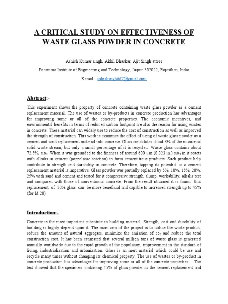 Effectiveness of Glass Waste in Concrete PDF Concrete Cement
