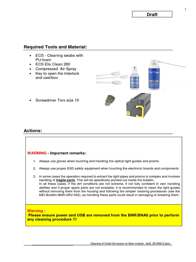 Cleaning Procedure for Outlet Bill Sensor | PDF | Equipment ...