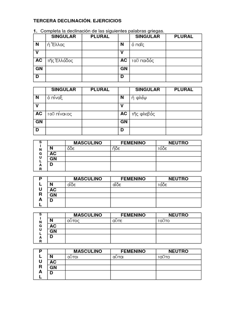 TERCERA DECLINACIÓN de Griego EJERCICIOS PDF PDF Plural Morfología