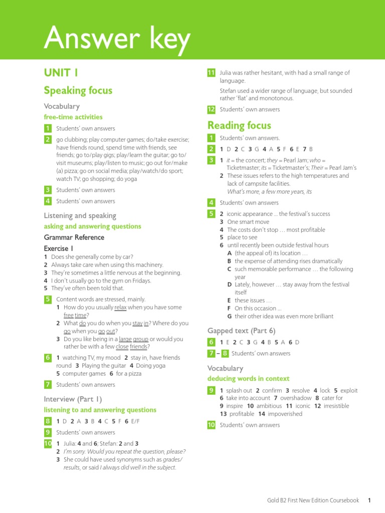 Answer Key: Unit 1 Speaking Focus Reading Focus | PDF | Ernest ...