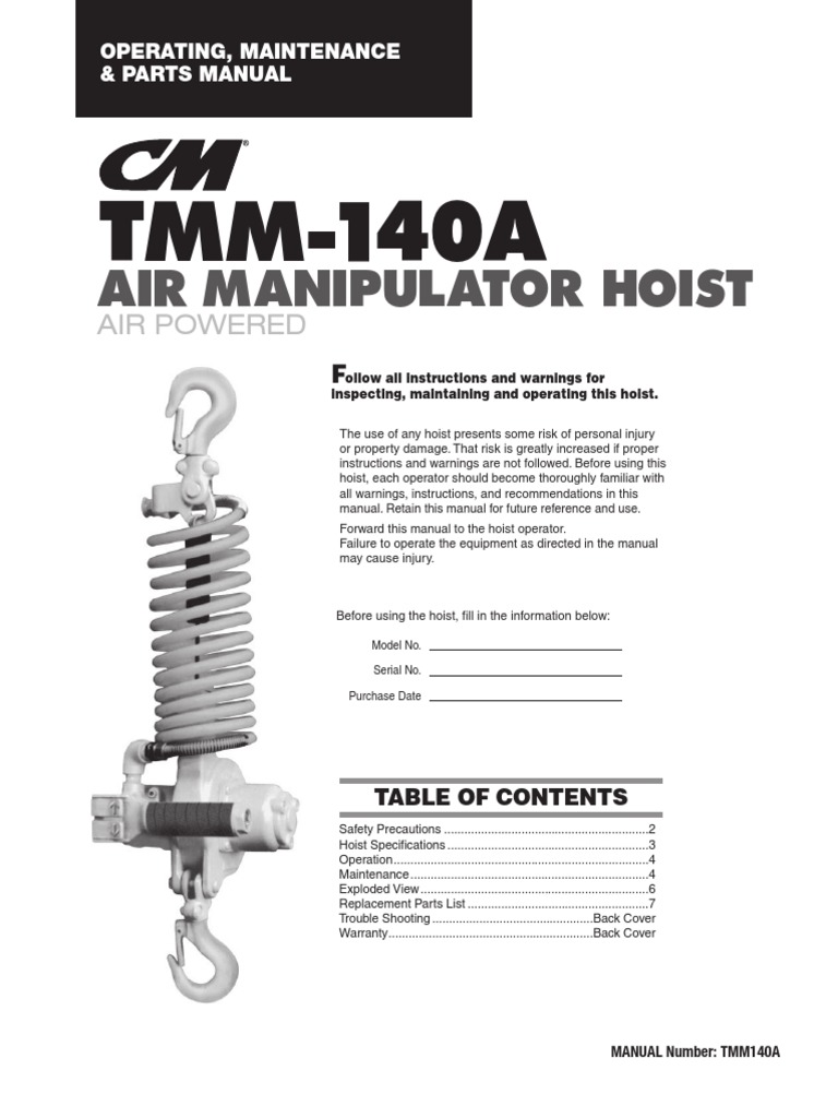 COFFING HOIST TMM140A Air Manipulator Hoist PDF Elevator Safety