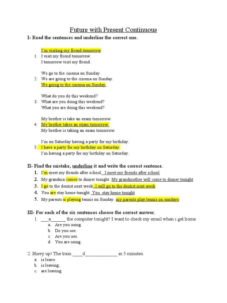 Future With Present Continuous Exercise | PDF