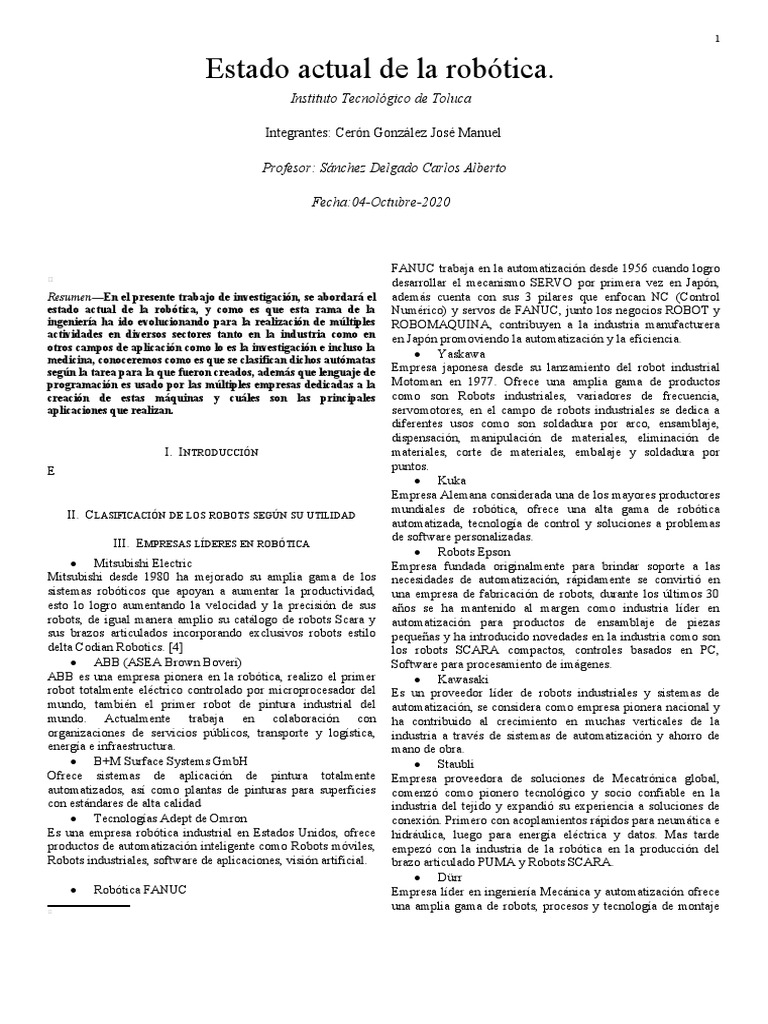Estado Actual de La Robotica | PDF | Lenguaje de programación | Robot