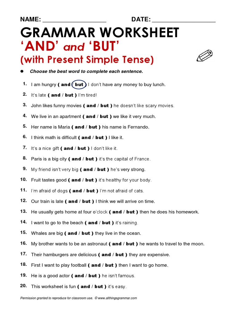And/But Grammar Worksheet | PDF | Language Arts & Discipline