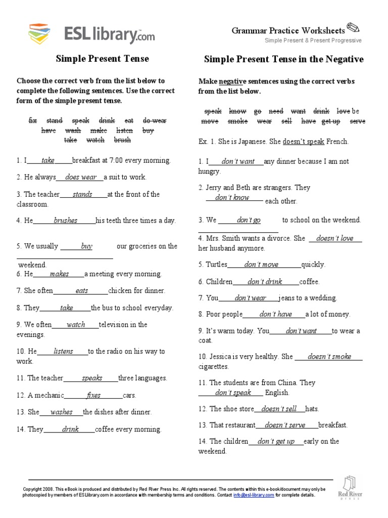 Grammar Practice Worksheets - Simple Present - From | PDF | Grammatical  Tense | Language Mechanics